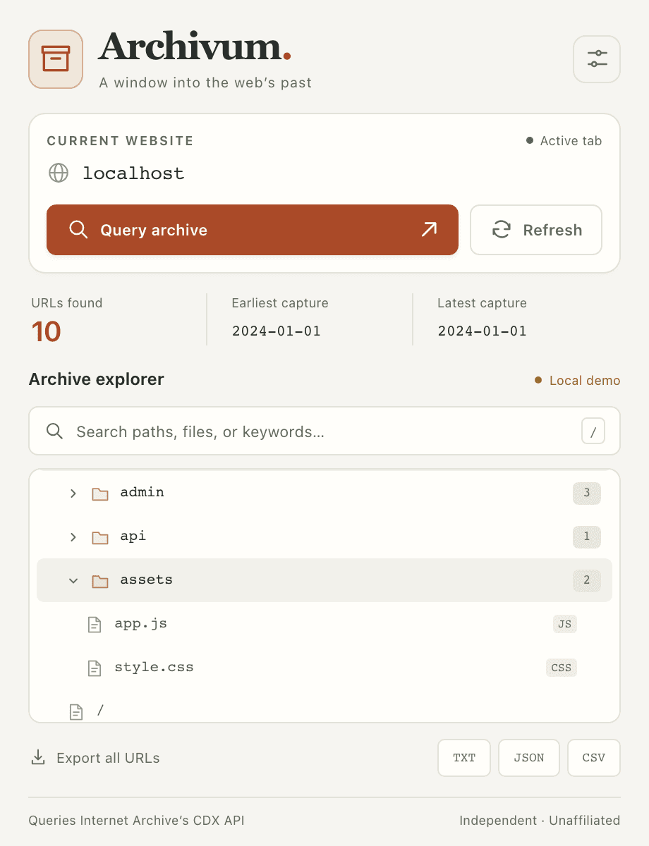 Archivum’s Local demo showing ten URLs, with the assets folder expanded to app.js and style.css.